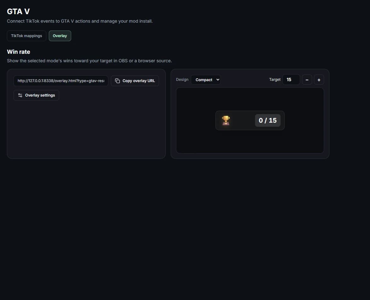 Impostazioni del contatore vittorie GTA in Streamshot con selezione del design, obiettivo e anteprima live.